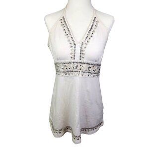 Dynamite Y2K Cream Empire Waist Halter Top Sequin Gold Embroidered Details Large